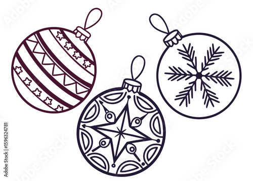 christmas balls with snowflakes line art silhouette vector