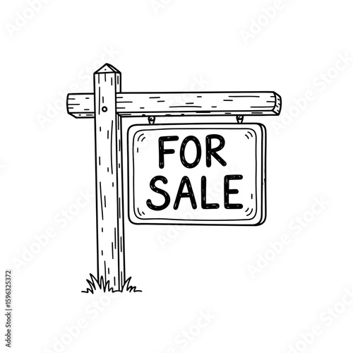 For sale sign on wooden post with grass in black and white  