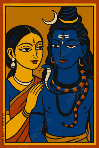 Shiv Parvati Indian Traditional Art Flat Vector Illustration