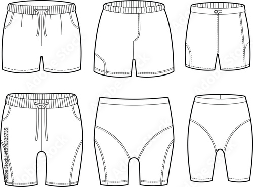 Flat vector technical sketch of men's shorts collection, front and back view, elastic waistband, drawstring, cad drawing, fashion template design