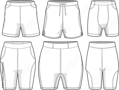 Flat vector illustration of men's shorts design, front and back views, elastic waistband, stitched panels, cad technical drawing template
