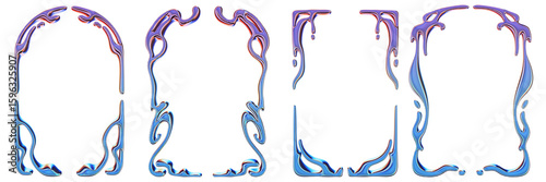 3D chrome frame set, liquid futuristic metal border, gothic organic empty banner y2k aesthetic kit. Melted silver shapes, neon holographic droplet symmetric ornament, cosmic fluid metal. Chrome frame