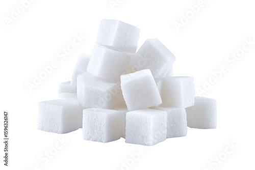 Pile of white sugar cubes isolated on white transparent background.