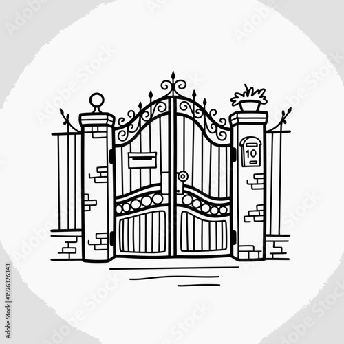 Ornate garden gate with brick pillars and decorative details  