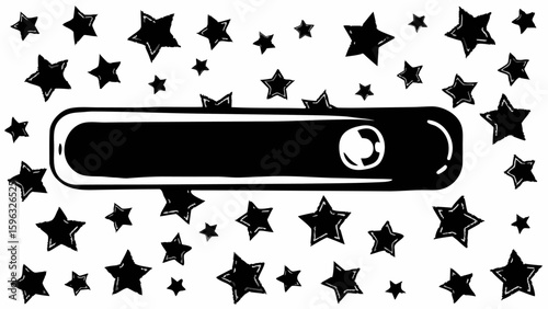Black and white illustration showing a central rectangle with a circle surrounded by stars all around