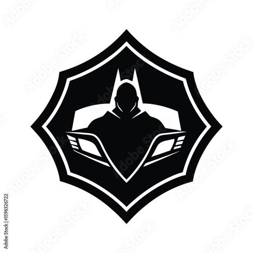 Black and White Superhero Emblem with Bat Like Ears and Vehicle Features on a Shield