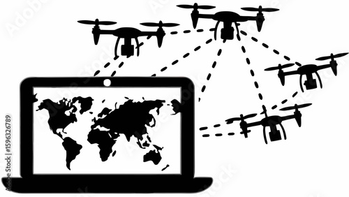 Laptop displaying world map connected to drones through dotted lines representing global network system
