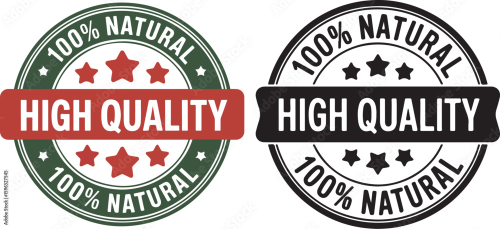 Obraz premium Dual “100% Natural High Quality” Badges Featuring Green and Black Circular Designs with Star Accents for Organic Product Certification Label Design 