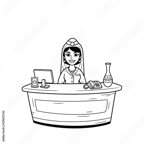 Young Asian woman working at reception desk with cheerful expression  