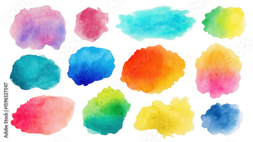 Colorful Watercolor Backgrounds: A flat lay featuring colorful watercolor textures, isolated on a Transparent background, PNG file.