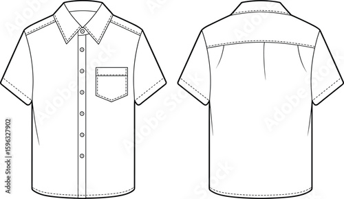 Short sleeve shirt flat sketch with collar, button front, chest pocket, back yoke detail, technical fashion cad vector illustration