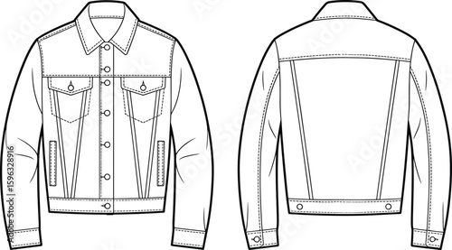 Front and back denim jacket technical sketch, flat fashion cad drawing with chest pockets, collar, button-up front and sleeve cuff