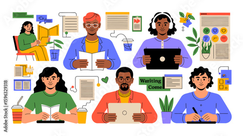 Cheerful Illustration of Diverse Individuals Wearing Headsets and Working on Laptops, Emphasizing Online Communication, Customer Support, or Virtual Assistance