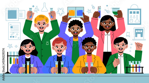 Excited students in lab coats, holding test tubes, celebrating a scientific discovery.
