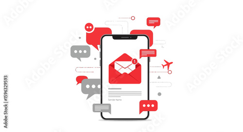 Smartphone displaying a red email notification surrounded by multiple chat bubbles and a plane icon, symbolizing communication and travel.