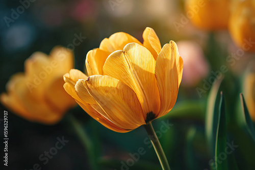 Realistic yellow tulip glowing with soft light during golden hour time