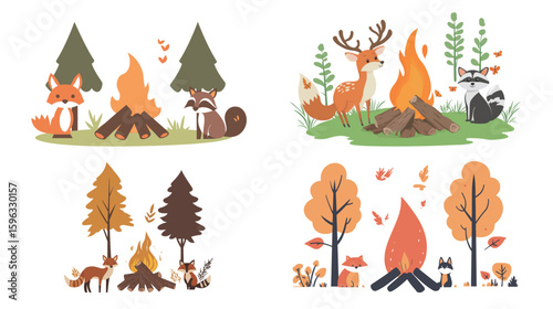 Cozy campfire scene surrounded by forest animals including deer, fox, and raccoon, set in a natural woodland environment with warm glowing flames, nighttime atmosphere, and outdoor adventure vibes 