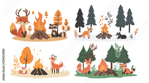 Cozy campfire scene surrounded by forest animals including deer, fox, and raccoon, set in a natural woodland environment with warm glowing flames, nighttime atmosphere, and outdoor adventure vibes 