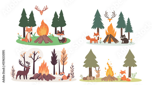 Cozy campfire scene surrounded by forest animals including deer, fox, and raccoon, set in a natural woodland environment with warm glowing flames, nighttime atmosphere, and outdoor adventure vibes 