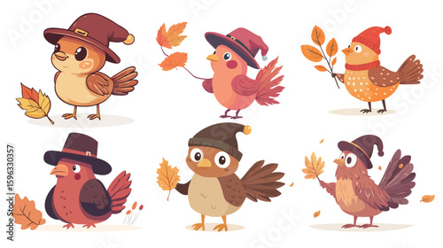 Cute cartoon turkey wearing a pilgrim hat celebrating autumn season, symbolizing Thanksgiving, fall harvest, festive holiday, traditional celebration, and seasonal harvest themes in a playful 