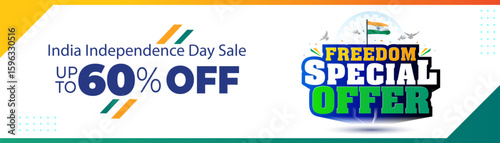 India independence day sale. 60% off Freedom festival Special offer logo, deals and discounts with tricolour background.
