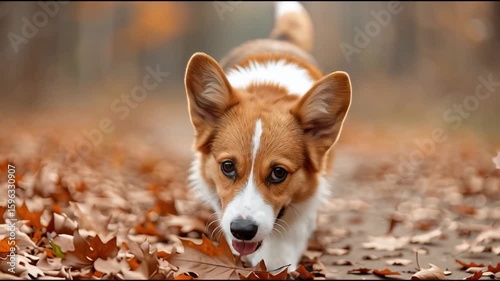 A cute corgi dog walking in autumn leaves, displaying happiness. The dog's fur features white and brown markings, its ears are perked up, adding to its charm.