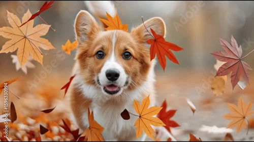 A Corgi dog in autumn leaves with smiling
