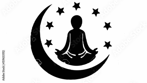 Silhouette of a person meditating on a crescent moon surrounded by stars in a black and white illustration