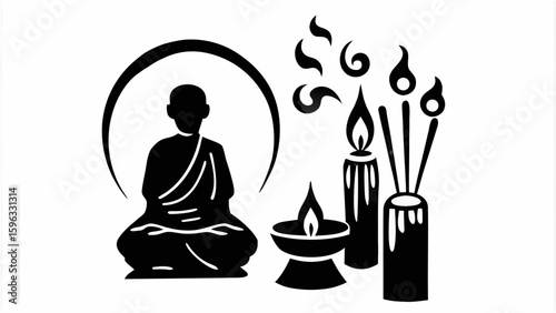 Silhouette illustration depicting buddha figure with halo, candles and incense sticks in black and white