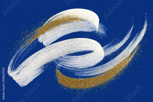 Ultra-minimalistic white brush strokes swirling on royal blue background with gold glitter, zen-inspired abstract art for website designs, social media graphics, and branding materials.