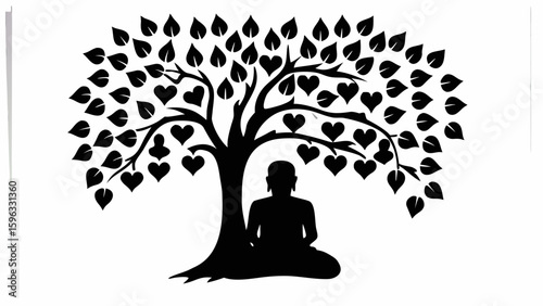 Silhouette of buddha meditating under a bodhi tree with heart shaped leaves in black and white design