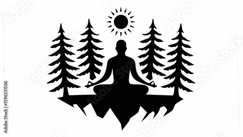 Silhouette of a meditating person surrounded by pine trees and a sun in a serene black and white landscape