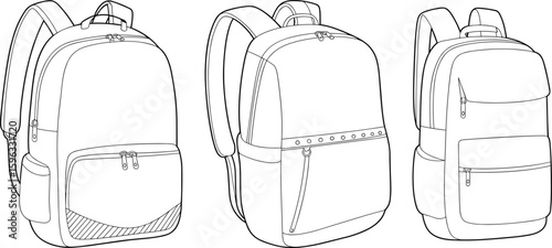 Backpack vector flat sketch, three styles design, front technical view, fashion accessory mockup, cad illustration for travel and school