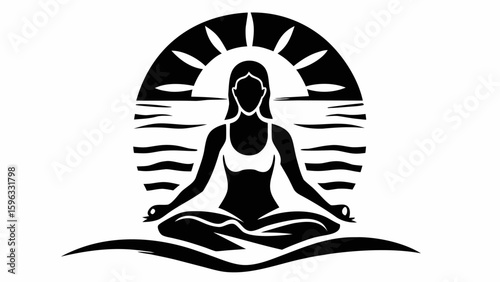 Silhouette of a woman in lotus position meditating with sun and waves in the background in black and white