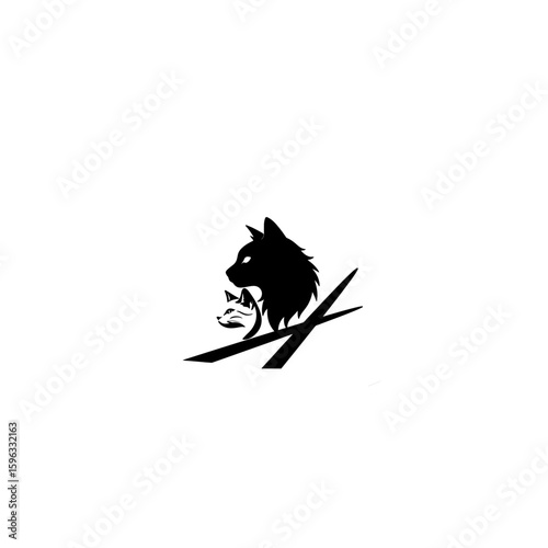 Black cat Halloween decoration element, profile sleek silhouette alert posture minimalist background studio lighting Minimalist Cat Head Logo on White Background silhutes