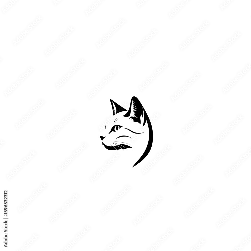 Obraz premium Black cat Halloween decoration element, profile sleek silhouette alert posture minimalist background studio lighting Minimalist Cat Head Logo on White Background silhutes