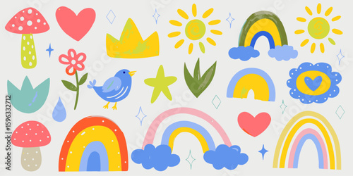 Crayon-drawn kid doodle collection.  Adorable girly doodle collection. Naive vector illustrations. Crayon-drawn kid drawings. 
