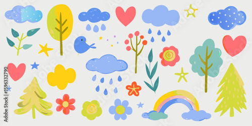 Crayon-drawn kid doodle collection.  Adorable girly doodle collection. Naive vector illustrations. Crayon-drawn kid drawings. 