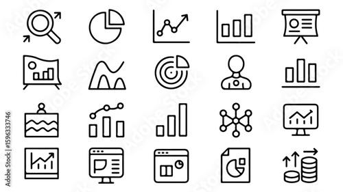 A set of 20 black and white line art icons arranged in a 5x4 grid, depicting various household appliances and electronics