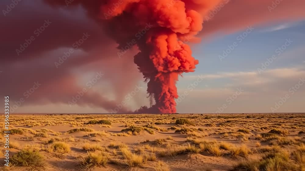 Red cloud over a desolate landscape