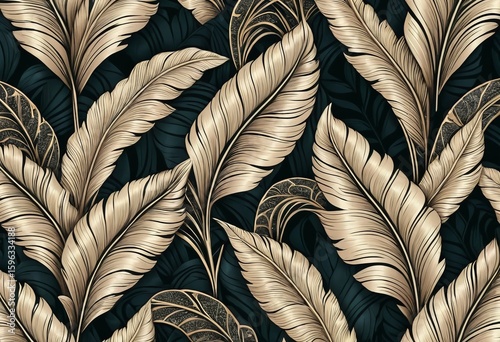 Muster mit grünen und goldenen Blättern auf schwarzem Hintergrund – elegantes, botanisches Design für Stoffe, Tapeten oder Drucke. Generative KI