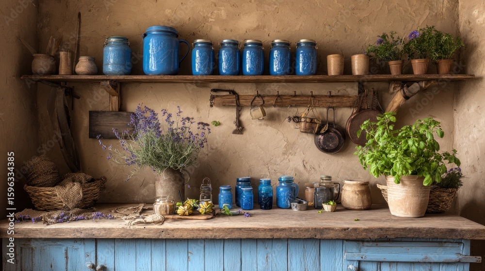 Fototapeta premium Rustic pantry with blue jars, herbs, and flowers