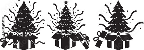 Three christmas trees emerging from gift boxes silhouette