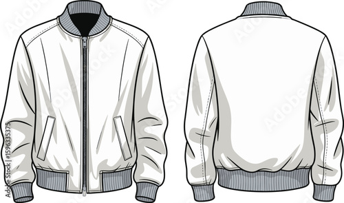Men’s bomber jacket fashion flat sketch front and back view, ribbed collar, cuffs, hem, zipper pockets, cad vector template