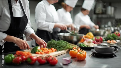 A group of chef are diligently preparing fresh ingredients in a professional kitchen. The focus is on the careful slicing and chopping of vegetables and herbs, preparing a delicious meal