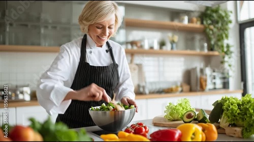 A cheerful senior woman preparing a fresh salad in the kitchen, enjoying her healthy lifestyle
