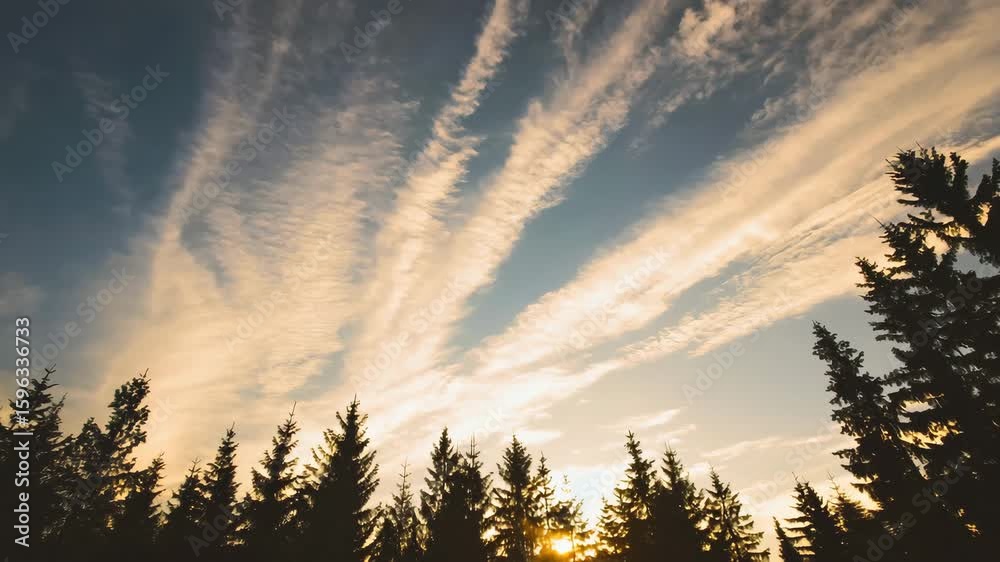 Smooth gimbal rise from forest treetops into bright sky with light cloud layers forming
