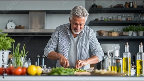An elderly man cutting vegetables in kitchen, preparing healthy meal