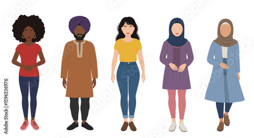 Multi-Ethnic Characters in Traditional and Casual Attire Flat Design