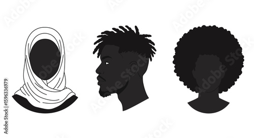 Diverse Hair Styles and Headwear Silhouettes Vector Set